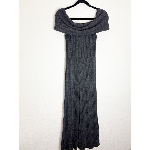 Lulus Always Styling Charcoal Grey Off-the-Shoulder Ribbed Jumpsuit Size Small - Picture 13 of 14